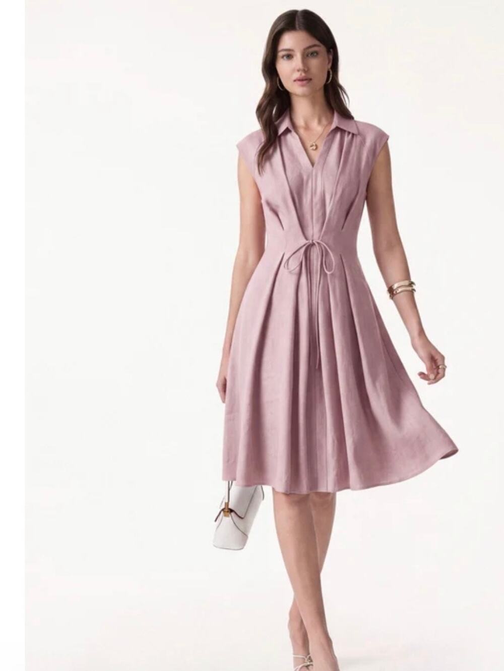 OGL Soft Pink Collared V-Neck Midi Dress Drawstring Waist Medium M New